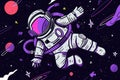 Vibrant astronaut float among whimsical planets and stars in a playful galaxy scene