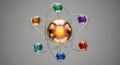 Vibrant atomic structure with glossy iridescent nucleus and orbiting multicolored electrons Royalty Free Stock Photo
