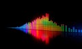 A vibrant audio spectrum visualization with colorful bars pulsating in sync to an unseen beat