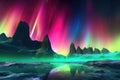 a vibrant aurora on a mars-like planet with rocky terrain