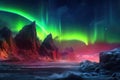 a vibrant aurora on a mars-like planet with rocky terrain