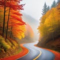 Vibrant autumn colors on winding rural road through forest wilderness generated by