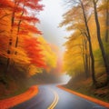 Vibrant autumn colors on winding rural road through forest wilderness generated by