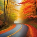 Vibrant autumn colors on winding rural road through forest wilderness generated by