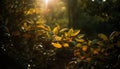 Vibrant autumn foliage on forest path, bathed in sunlight generated by AI Royalty Free Stock Photo