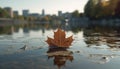 Vibrant autumn foliage reflects on tranquil pond in cityscape beauty generated by AI