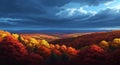 Vibrant autumn forest landscape with rolling hills under a dramatic cloudy sky Royalty Free Stock Photo