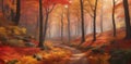 A vibrant autumn forest with trees ablaze in red