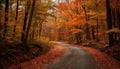 Vibrant autumn forest, yellow leaves, tranquil footpath, maple tree beauty generated by AI