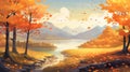 Vibrant Autumn Illustration: Captivating River And Colorful Trees
