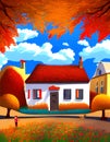 Vibrant Autumn Illustration of a White Old House Amidst Orange Trees and Blue Sky Royalty Free Stock Photo