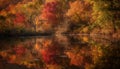Vibrant autumn landscape Maple tree reflects in tranquil pond water generated by AI