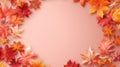 Vibrant autumn leaves frame, in pastel pink background. Seasonal discount sale fall border banner design template Royalty Free Stock Photo