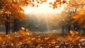 Vibrant autumn leaves paint the forest in a golden haze generated by AI Royalty Free Stock Photo