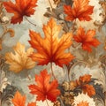 Vibrant Autumn Maple Leaves with Ornate Scrollwork Background Royalty Free Stock Photo