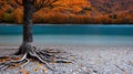 Vibrant autumn tree with exposed roots by a tranquil blue lake Royalty Free Stock Photo