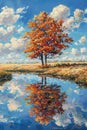 Vibrant autumn tree with reflection on a serene water body. Royalty Free Stock Photo