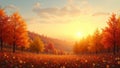 Vibrant autumn trees with setting sun for Thanksgiving designs Royalty Free Stock Photo