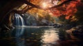 Vibrant Autumn Waterfall In The Forest: A Vray Tracing Masterpiece