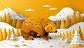 Vibrant Autumn Woodland Scene Featuring a Majestic Bear Amid Golden Foliage and Snowy Trees in a Bright Landscape