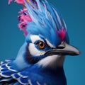 Vibrant Avian Portrait: Surreal Blue Jay In Bold Head Dress