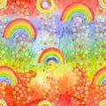 Vibrant background for bed cloth, paper napkin, party design. Bright modern seamless pattern with hand drawn rainbows and rainy