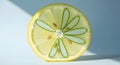 Close-up of a translucent lemon slice with geometric green accents and seeds, backlit against a soft blue Royalty Free Stock Photo
