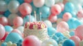 Vibrant Balloons and Birthday Cake with Candles on Festive Party Backdrop Royalty Free Stock Photo