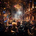 Vibrant Ballroom Filled with Elegantly Dressed Guests and Ornate Masquerade Masks