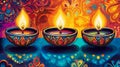 Colorful Diwali banner featuring traditional lamps and copy space in a vibrant naive art style celebrating the Hindu