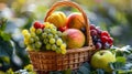 A vibrant basket filled with assorted fresh fruits, showcasing nature\'s bounty in a beautiful outdoor setting