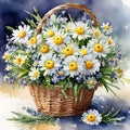 A vibrant basket filled with spring flowers, creating a colorful and lively painting.