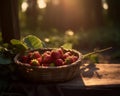 Vibrant basket of fresh strawberries on a rustic table. A basket full of strawberries sitting on a table Royalty Free Stock Photo