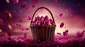 Vibrant basket of purple eggs with falling petals in enchanting twilight. Happy Easter Royalty Free Stock Photo