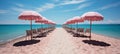 Vibrant beach boardwalk with colorful huts and sun umbrellas perfect for summer promotion Royalty Free Stock Photo