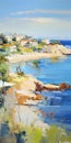 Vibrant Beach Painting With Houses And Trees In The Style Of Irene Sheri