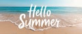 A vibrant beach scene featuring a cheerful Hello Summer greeting, Hello Summer background. Royalty Free Stock Photo