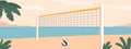 Vibrant Beach Scene With A Volleyball Net on sandy beach with Palms, Inviting Players To Engage In Friendly Matches Royalty Free Stock Photo