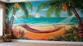 A vibrant beach-themed room with a 3D tropical mural wall,