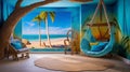 A vibrant beach-themed room with a 3D tropical mural wall