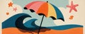 Vibrant Beach Umbrella and Ocean Waves Royalty Free Stock Photo