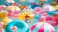 Vibrant beach umbrellas surrounded by an array of inflatable animalshaped pool floats