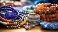 Vibrant Beadwork and Jewelry-Making Set-Up: Colorful Gems and Metal Findings on Clean White Tablecloth