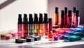 Vibrant beauty collection: multi colored nail polish in glass bottles generated by AI