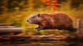 Vibrant Beaver Portrait: Running Through Forest With Dynamic Colors