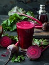 A vibrant beet juice cocktail, glowing with a deep crimson hue and frothy texture, surrounded by fresh beets, greens