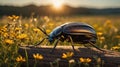 Golden Jewel Scarab Beetle on Wooden Log at Sunset Royalty Free Stock Photo