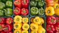 Vibrant bell peppers display, ideal backdrop for culinary concepts and healthy eating themes.