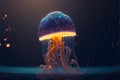 Vibrant bioluminescent jellyfish in dark blue water, generative ai