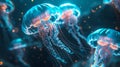 vibrant bioluminescent jellyfish underwater